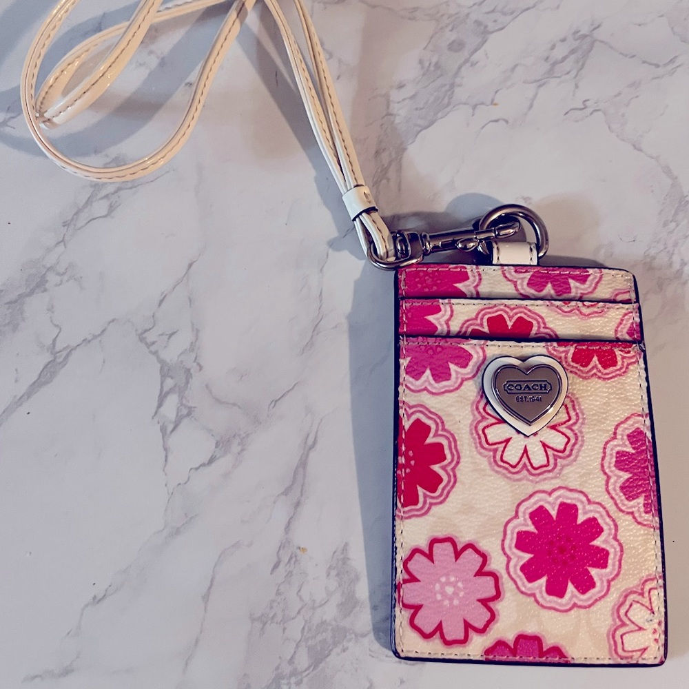 White/Pink Floral graphic Coach ID lanyard with 2 slots